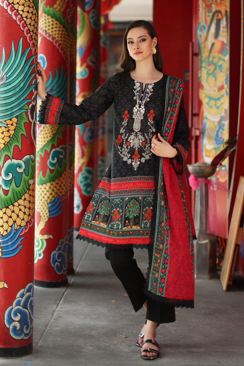 3 Piece Printed Lawn Suit with Printed Lawn Dupatta and Embroidered Neckline