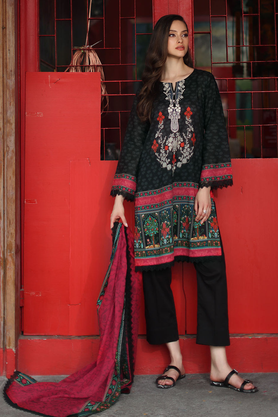 3 Piece Printed Lawn Suit with Printed Lawn Dupatta and Embroidered Neckline