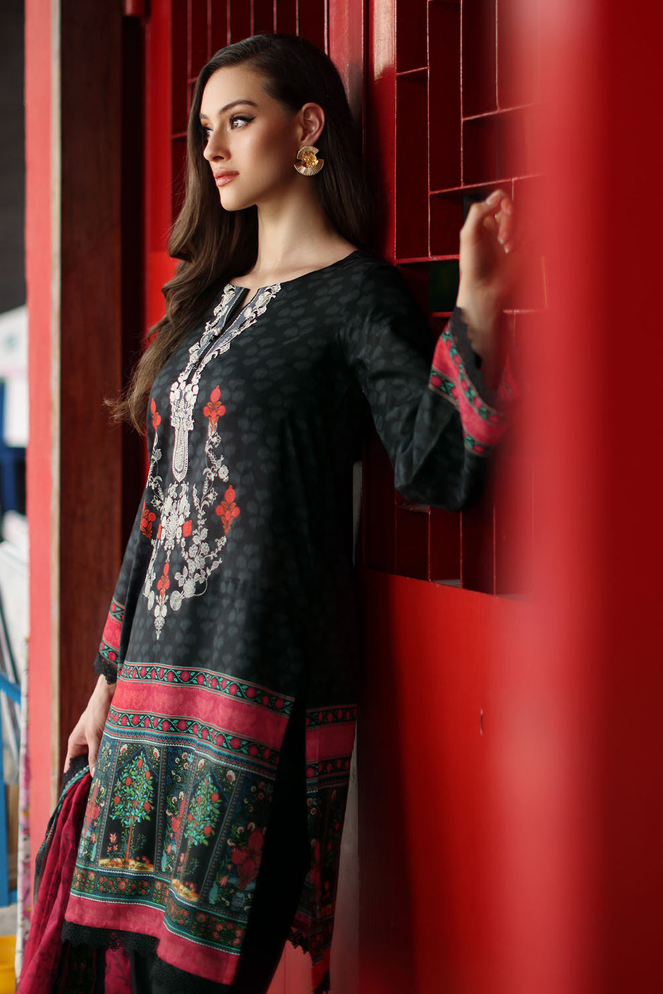 3 Piece Printed Lawn Suit with Printed Lawn Dupatta and Embroidered Neckline