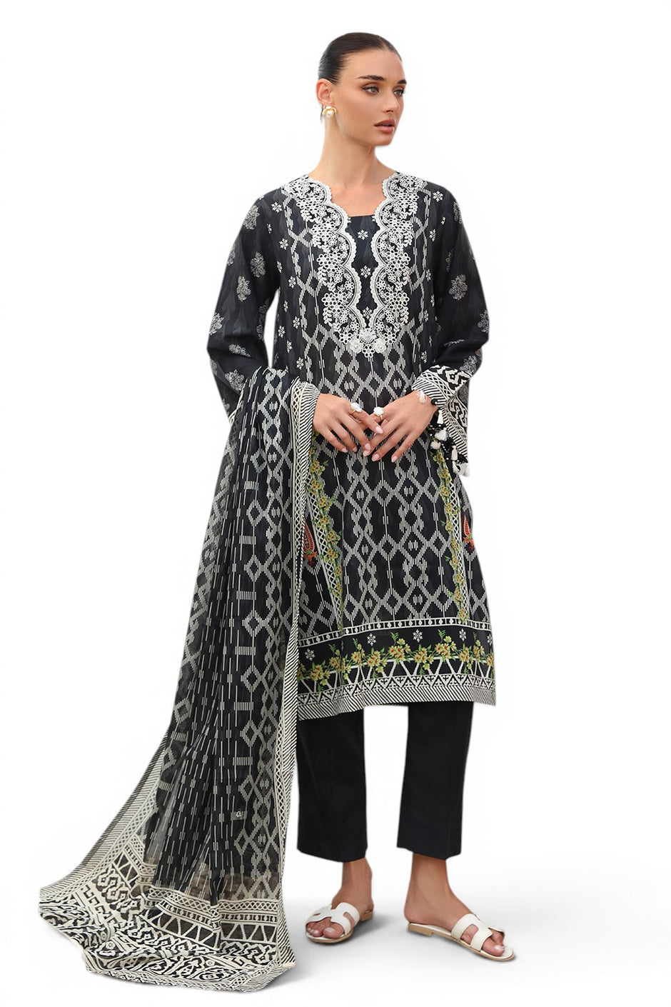 3 Piece Printed Lawn Suit with Embroidered Neckline and Printed Lawn Dupatta