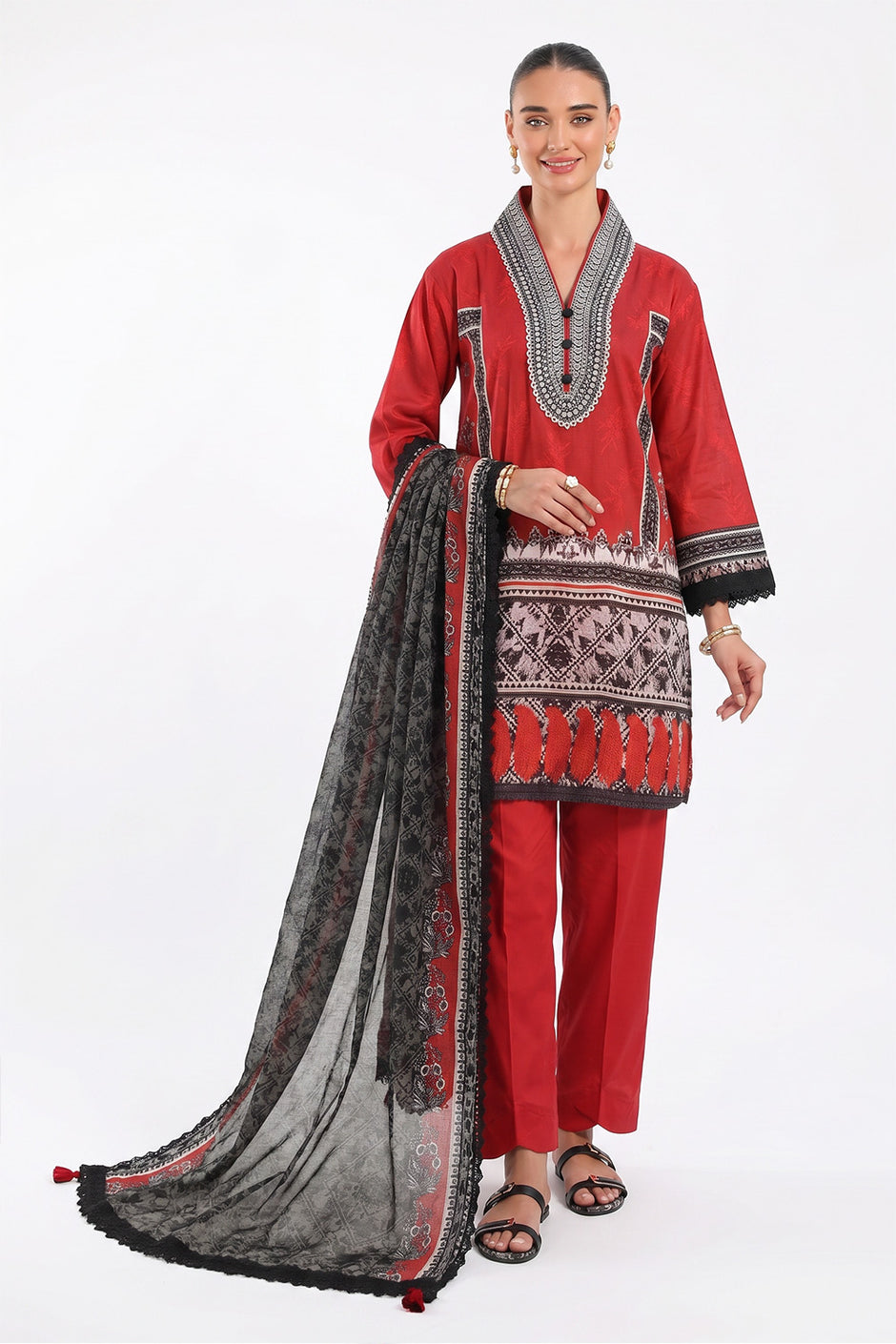 3 Piece Printed Lawn Suit with Embroidered Neckline and Printed Lawn Dupatta