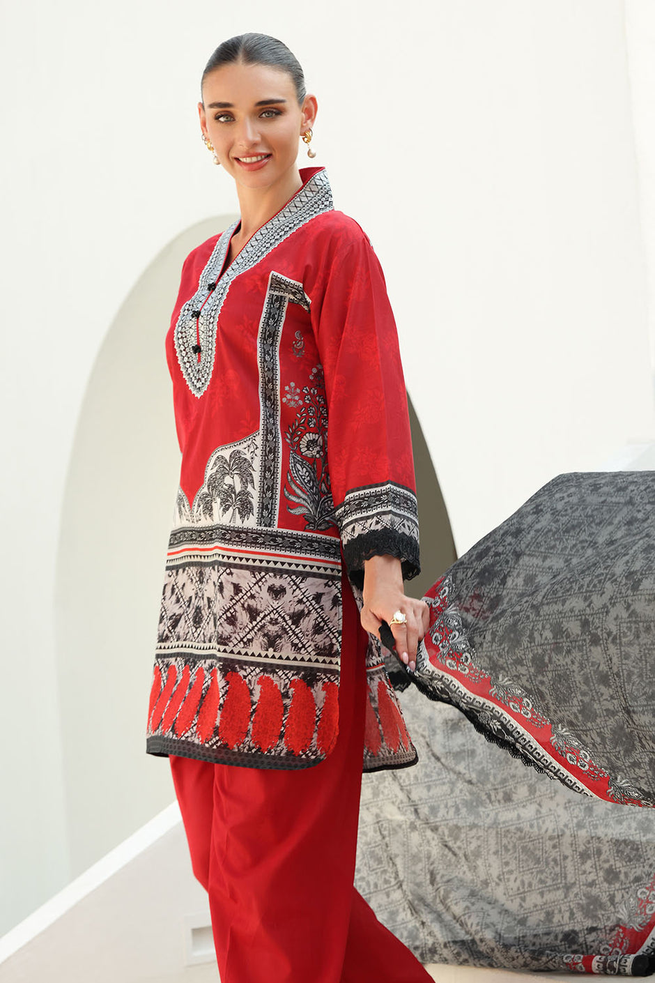 3 Piece Printed Lawn Suit with Embroidered Neckline and Printed Lawn Dupatta
