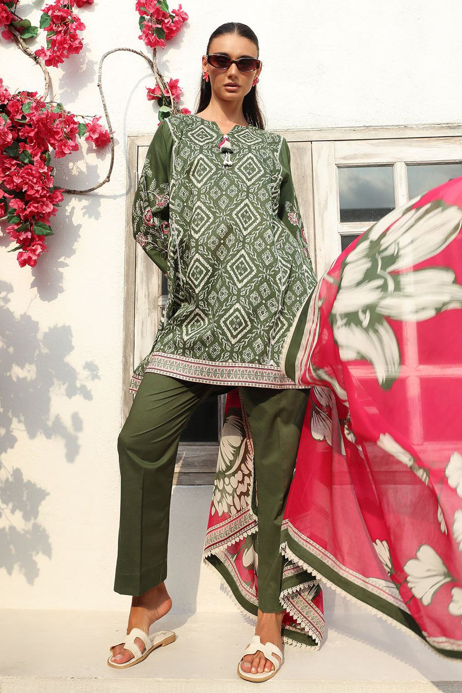 3 Piece Printed Lawn Suit with Printed Lawn Dupatta and Embroidered Sleeves