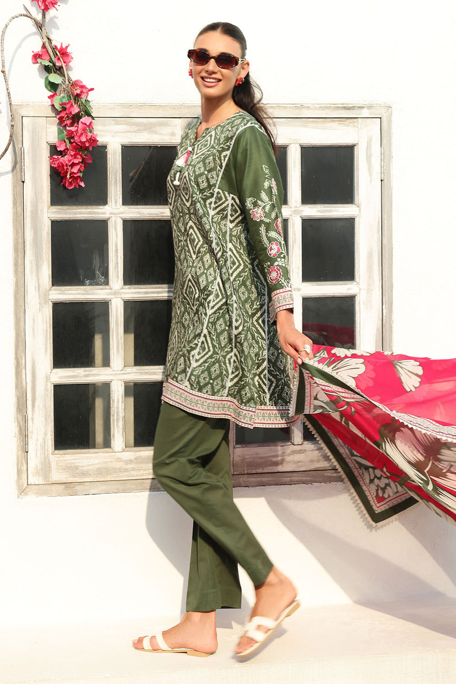 3 Piece Printed Lawn Suit with Printed Lawn Dupatta and Embroidered Sleeves