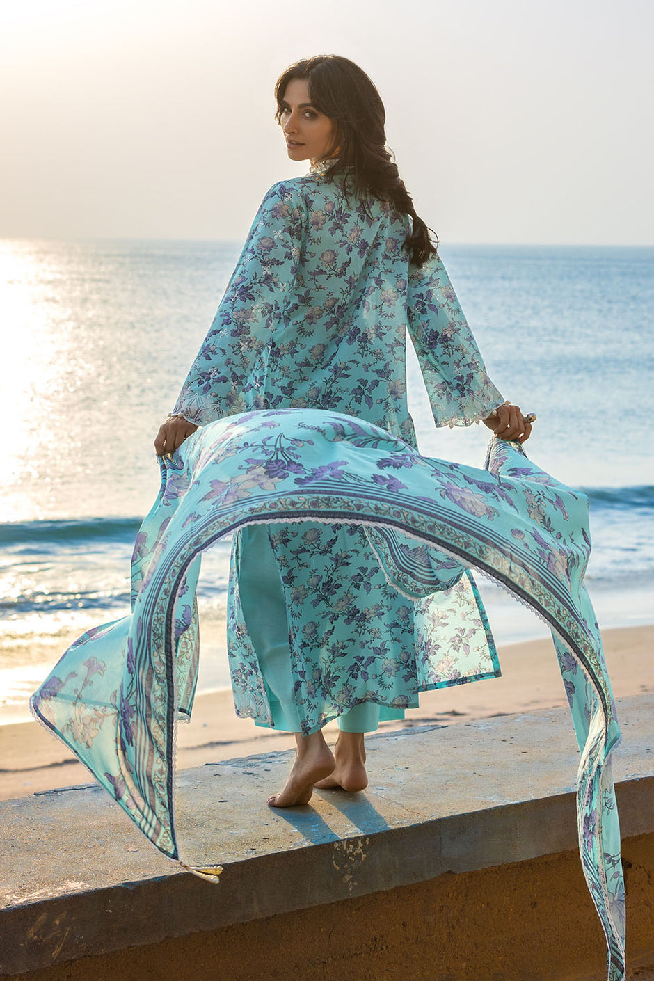 3 Piece Schiffli Embroidered Printed Lawn Suit with Lace and Dupatta