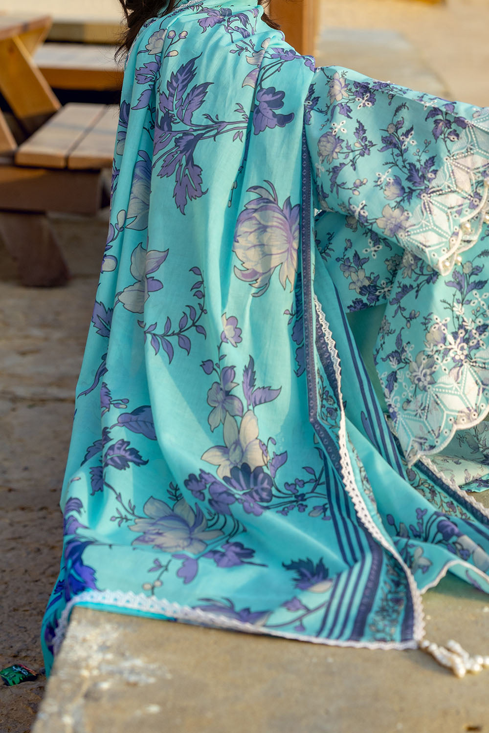 3 Piece Schiffli Embroidered Printed Lawn Suit with Lace and Dupatta