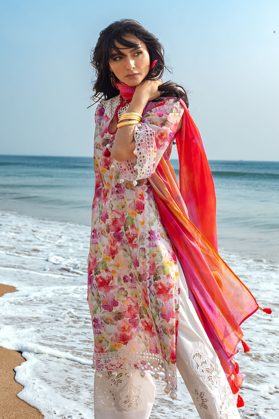 3 Piece Schiffli Embroidered Printed Lawn Suit with Lace Dupatta