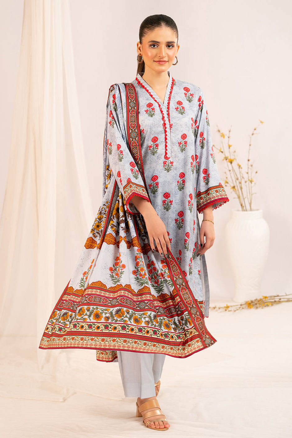 3 Piece Printed Linen Suit with Dupatta