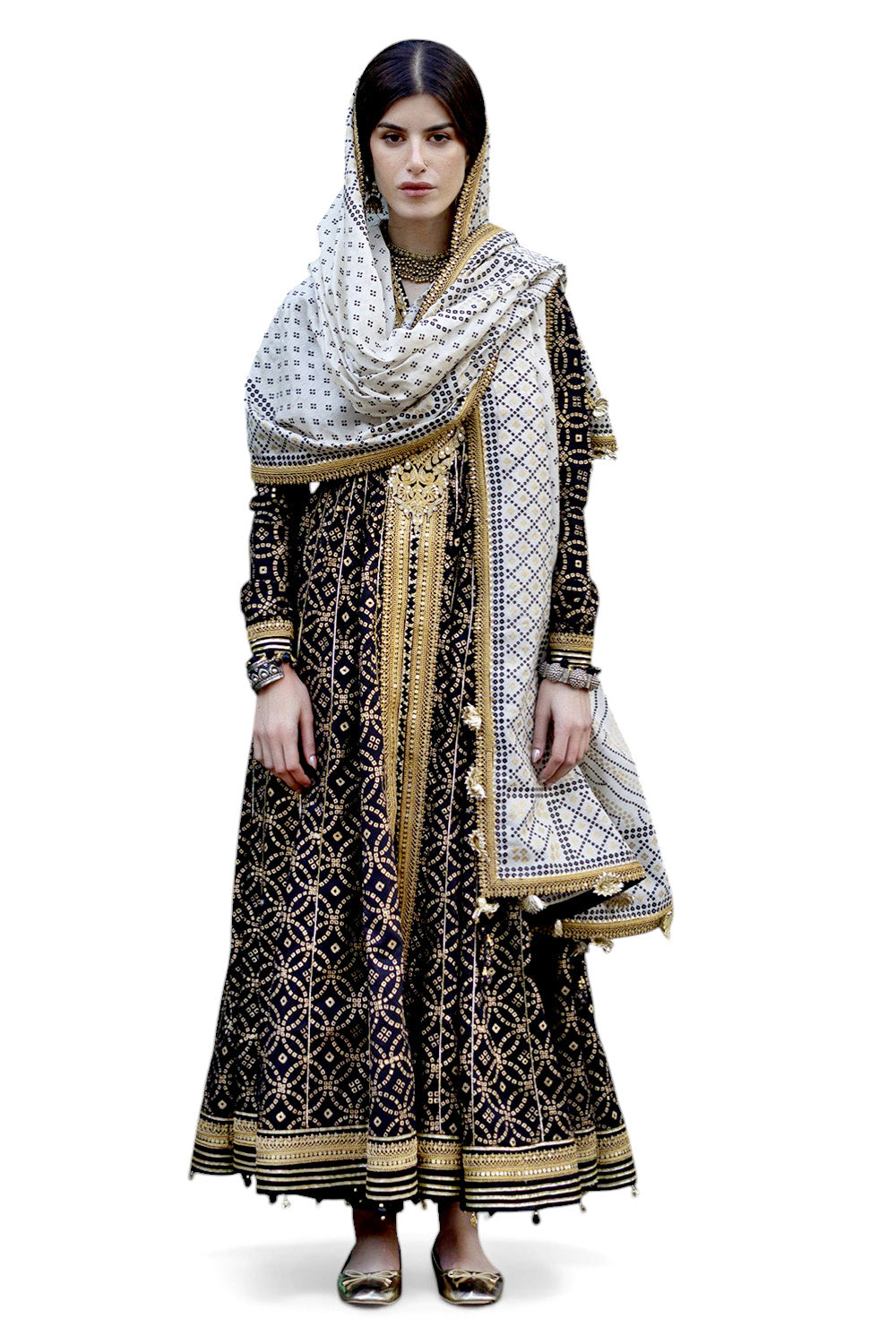 3 Piece Gold Printed Lawn Suit with Gold and Lacquer Printed Mehsuri Dupatta and Dyed Trouser
