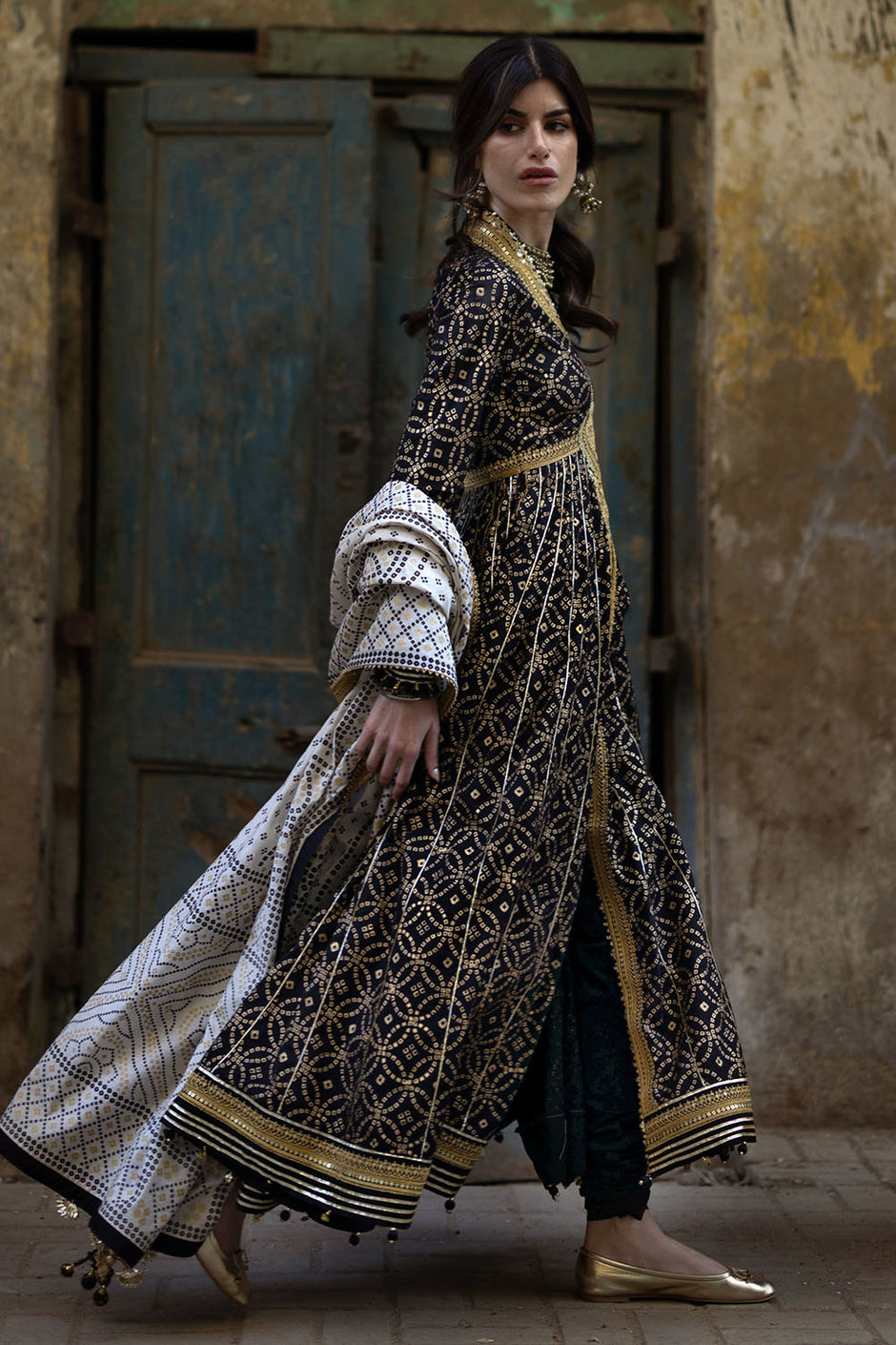 3 Piece Gold Printed Lawn Suit with Gold and Lacquer Printed Mehsuri Dupatta and Dyed Trouser