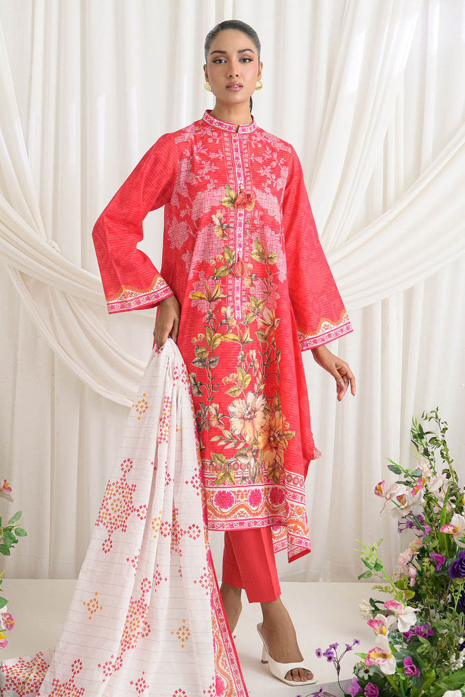 3 Piece Printed Mehsuri Stripe Lawn Suit with Printed Mehsuri Stripe Lawn Dupatta and Dyed Trouser