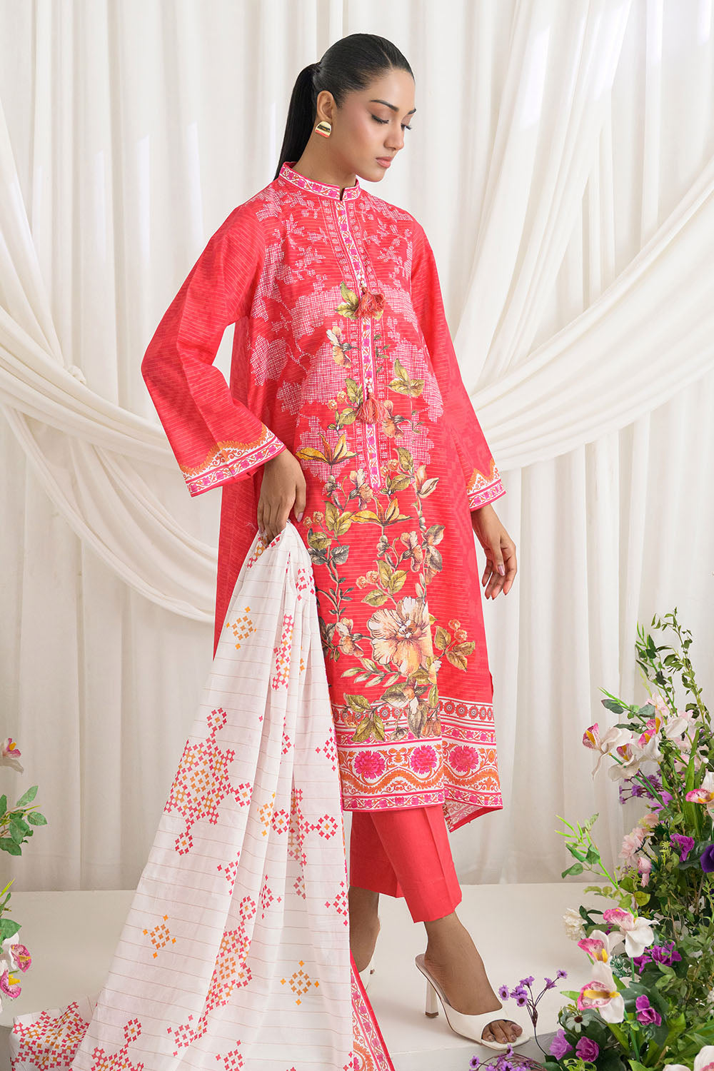 3 Piece Printed Mehsuri Stripe Lawn Suit with Printed Mehsuri Stripe Lawn Dupatta and Dyed Trouser