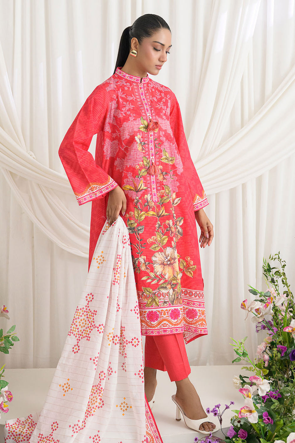 3 Piece Printed Mehsuri Stripe Lawn Suit with Printed Mehsuri Stripe Lawn Dupatta and Dyed Trouser