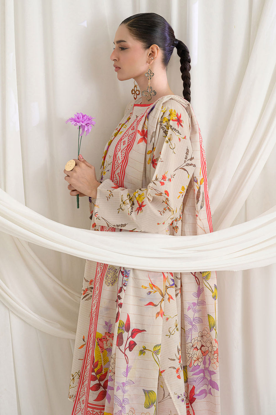 3 Piece Printed Mehsuri Stripe Lawn Suit with Printed Mehsuri Stripe Lawn Dupatta and Dyed Trouser