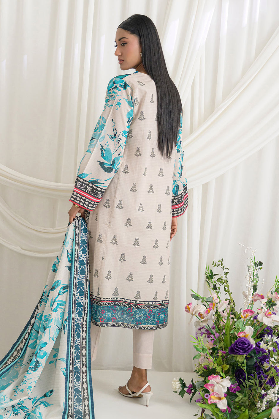 3 Piece Printed Mehsuri Stripe Lawn Suit with Printed Mehsuri Stripe Lawn Dupatta and Dyed Trouser