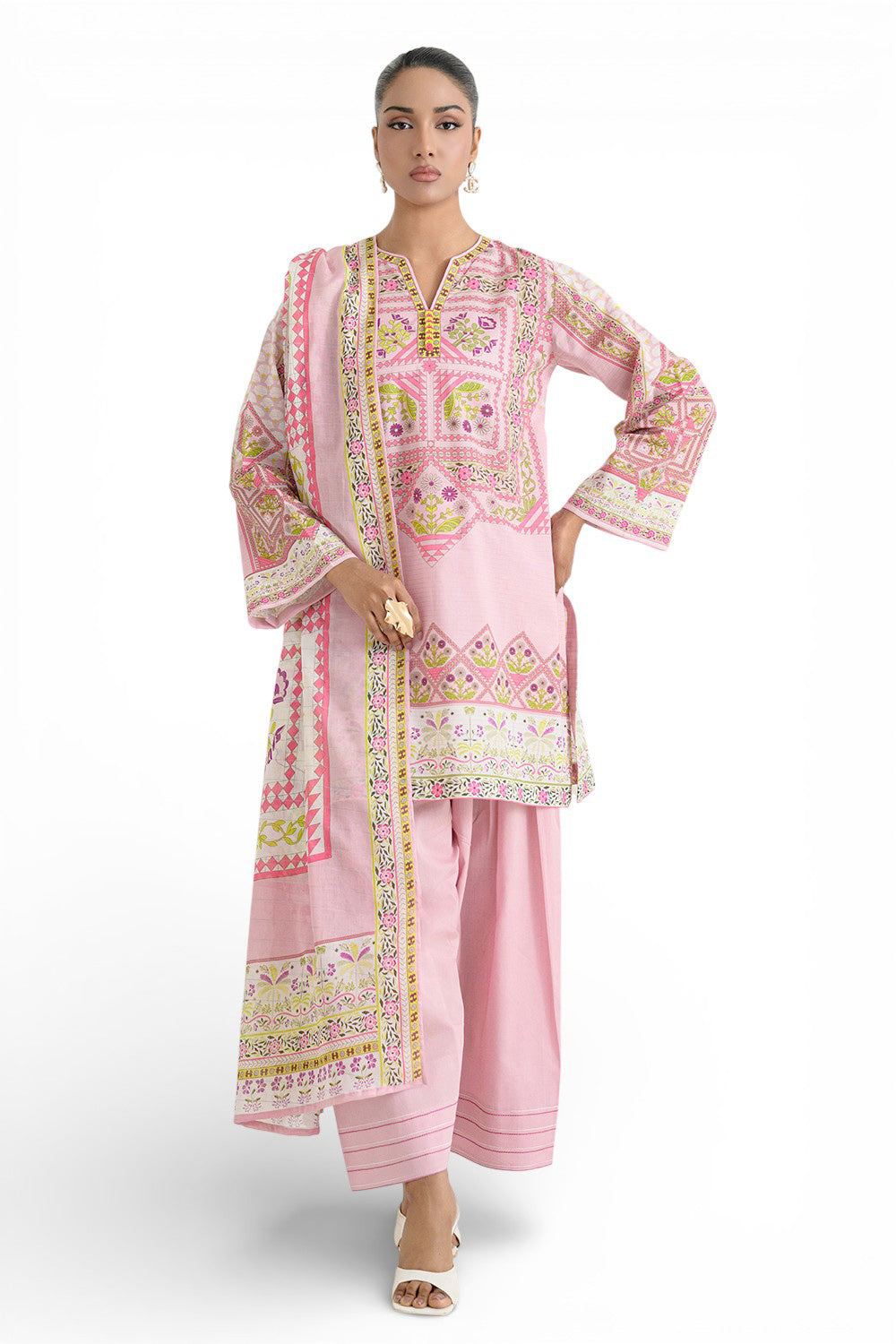 3 Piece Printed Mehsuri Stripe Lawn Suit with Printed Mehsuri Stripe Lawn Dupatta and Dyed Trouser