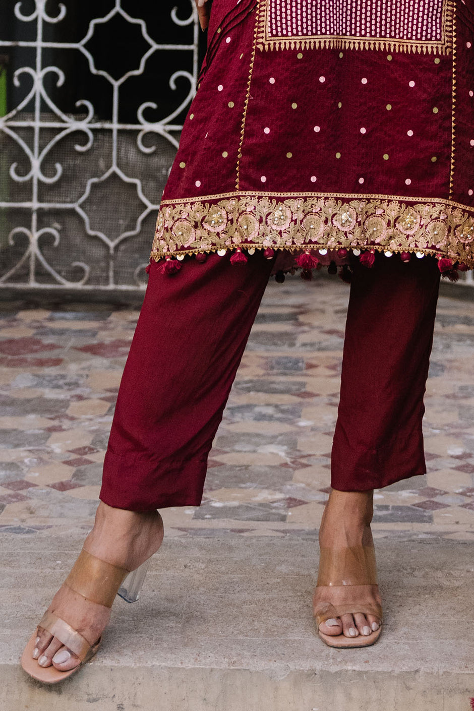 3 Piece Printed Cotton Silk Suit with Handwork and Lacquer Printed Organza Dupatta