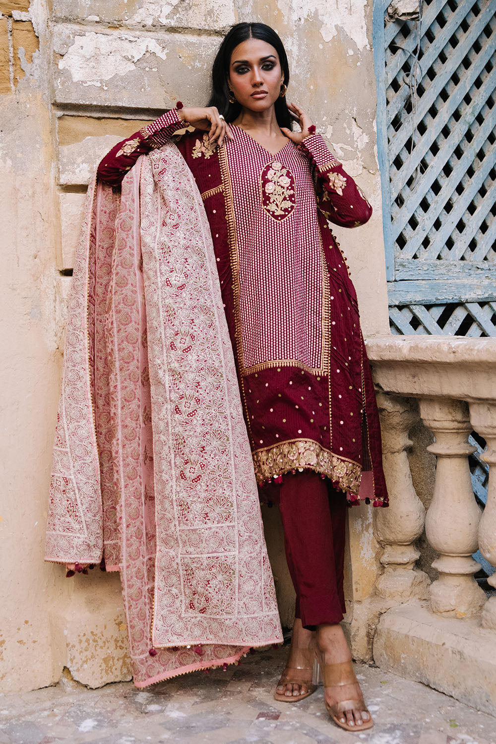 3 Piece Printed Cotton Silk Suit with Handwork and Lacquer Printed Organza Dupatta