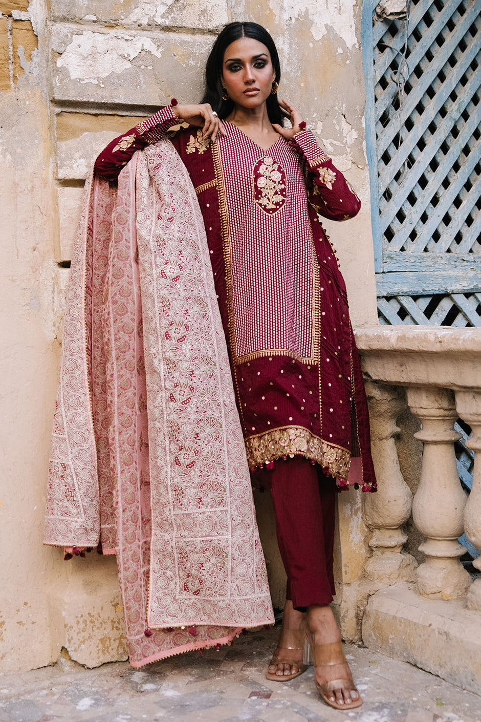 3 Piece Printed Cotton Silk Suit with Handwork and Lacquer Printed Organza Dupatta