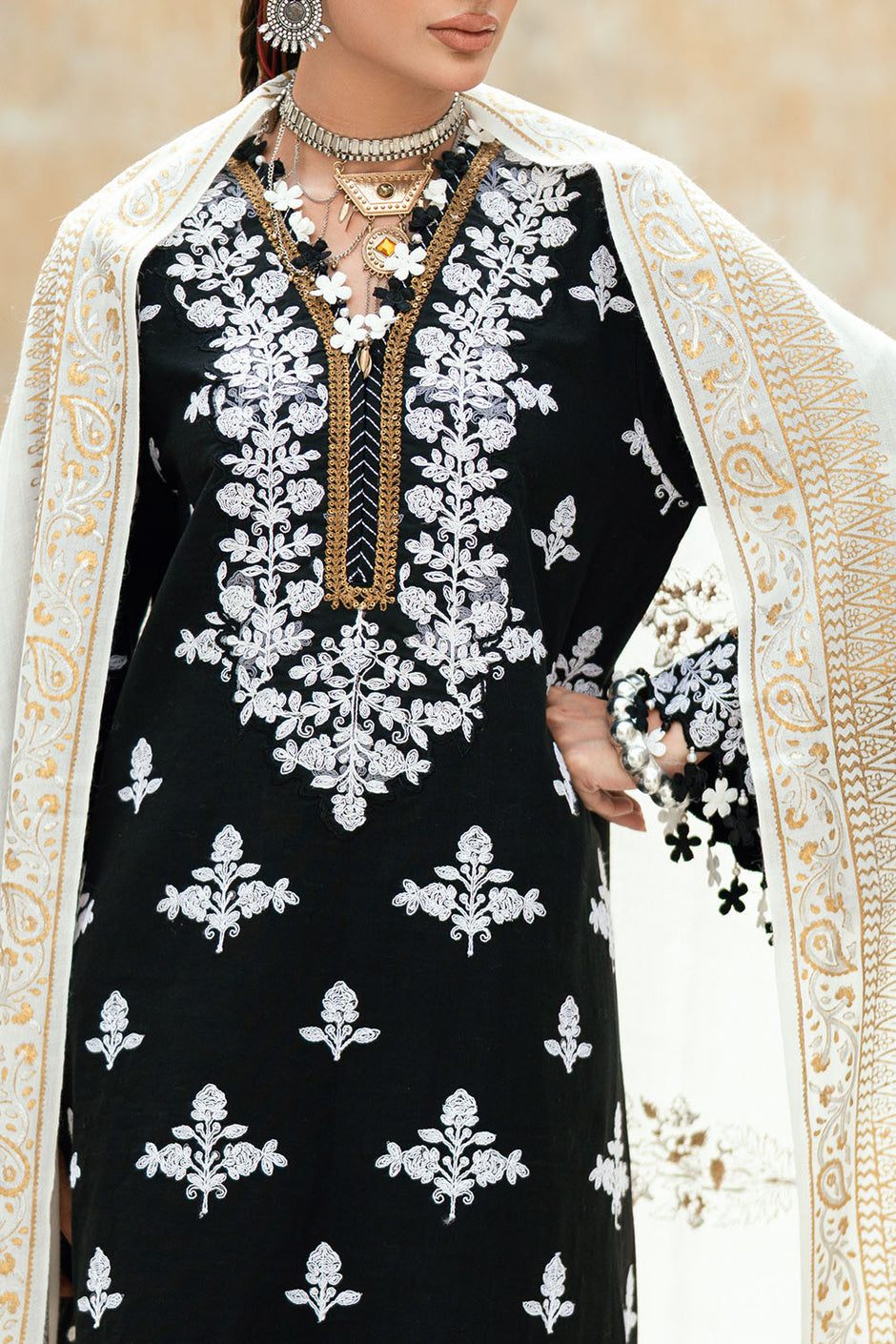 3 Piece Gold and Silver Printed Pashmina Suit with Embroidered Khaddar Shirt and Dyed Trouser