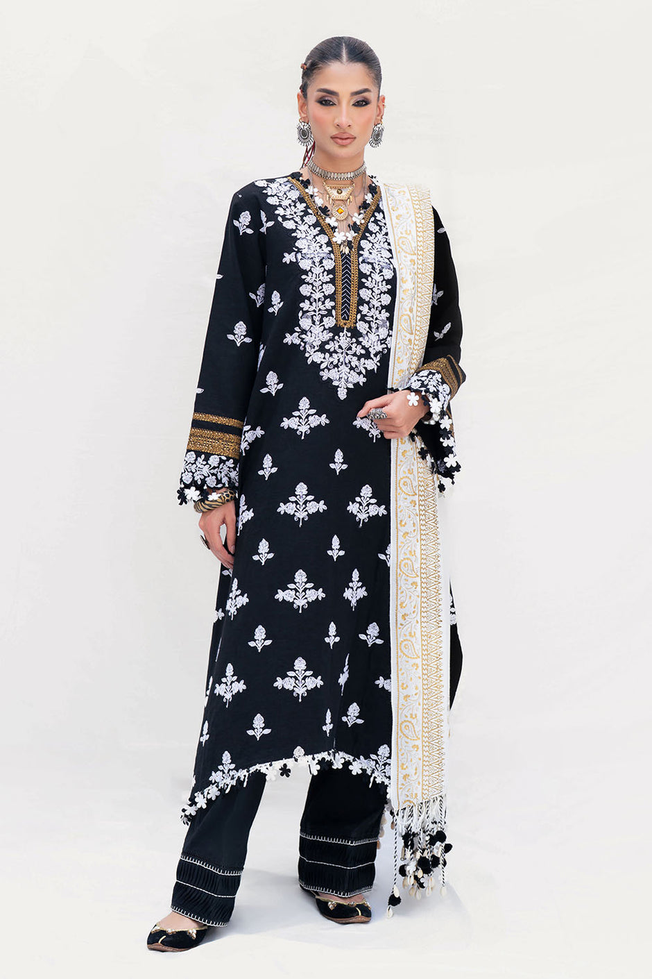 3 Piece Gold and Silver Printed Pashmina Suit with Embroidered Khaddar Shirt and Dyed Trouser