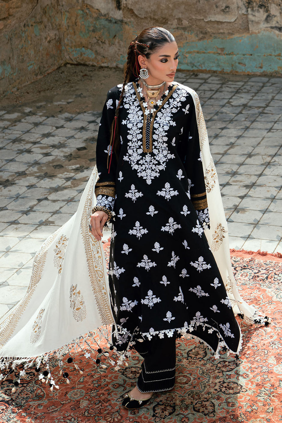 3 Piece Gold and Silver Printed Pashmina Suit with Embroidered Khaddar Shirt and Dyed Trouser