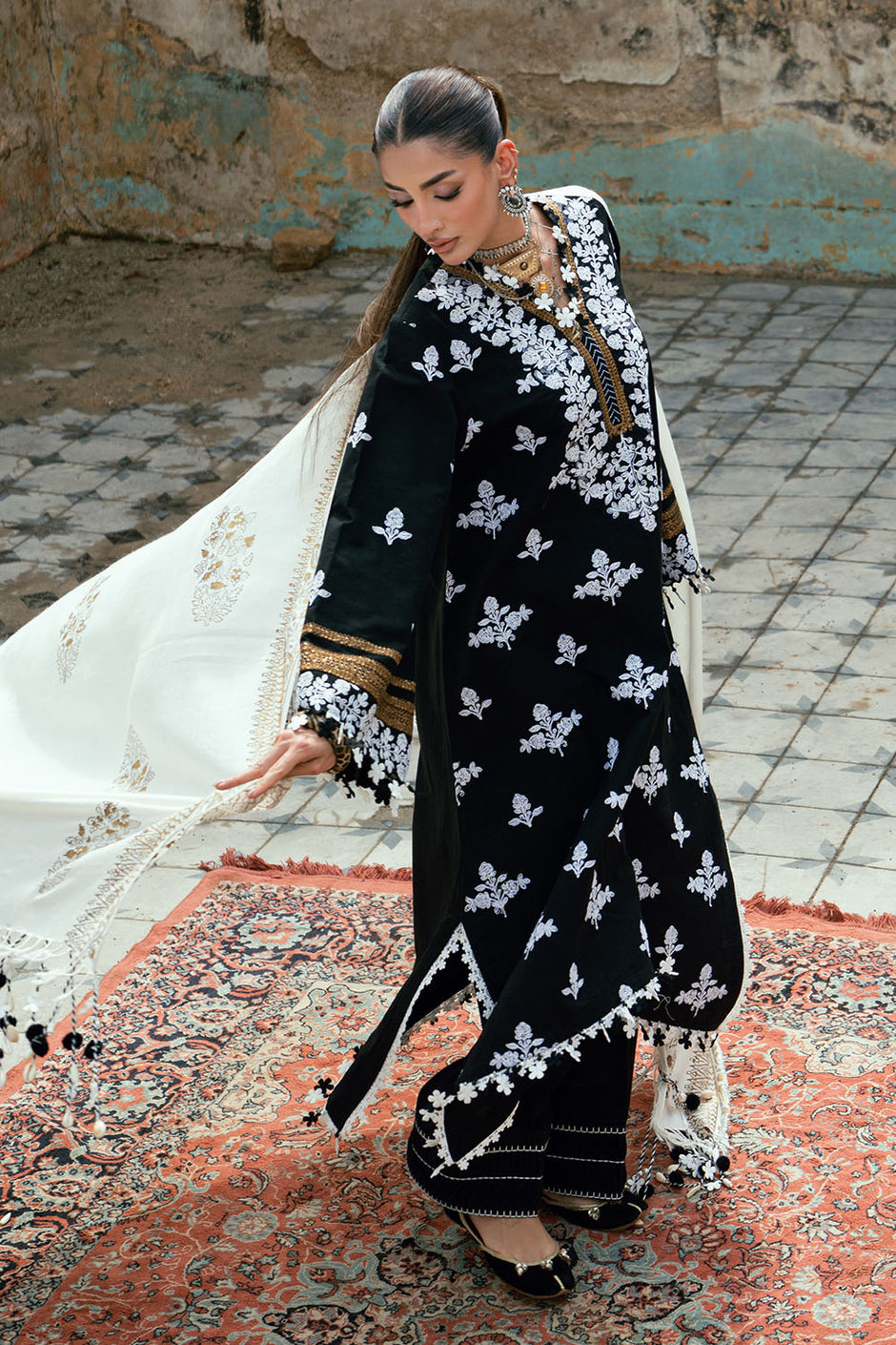 3 Piece Gold and Silver Printed Pashmina Suit with Embroidered Khaddar Shirt and Dyed Trouser