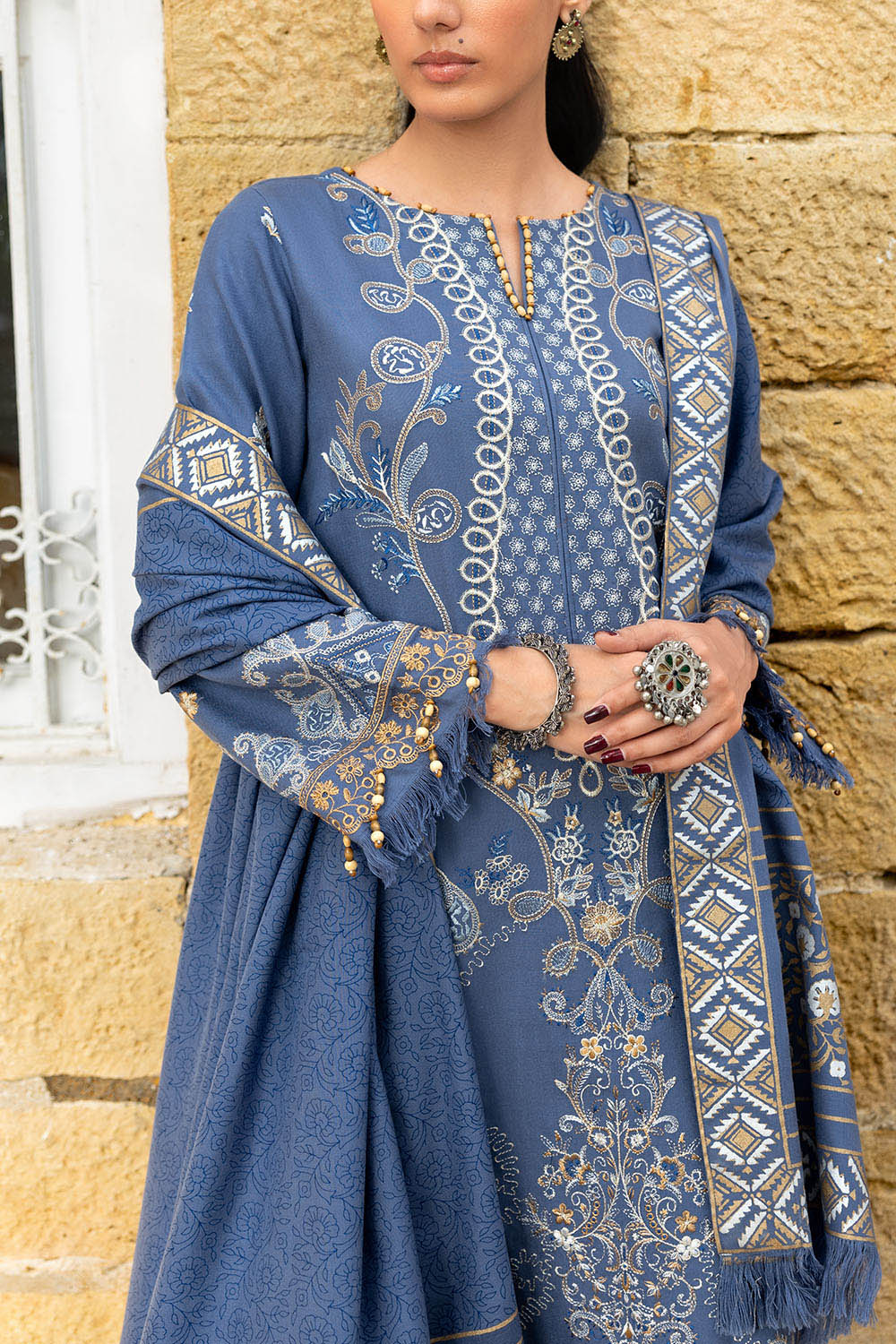 3 Piece Embroidered Pashmina Suit with Gold and Silver Shawl AP-52016