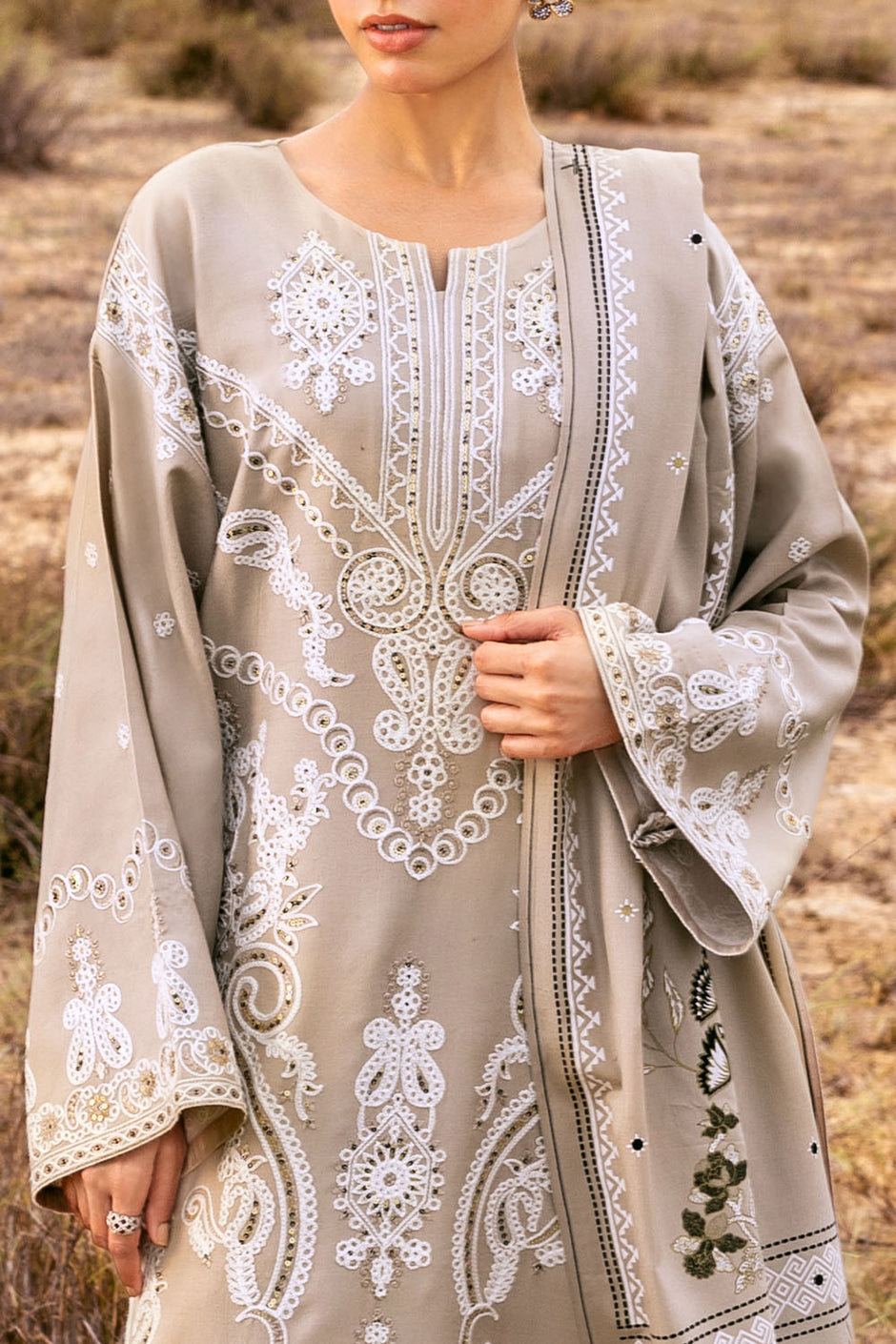 3 Piece Unstitched Embroidered Pashmina Suit with Gold and Lacquer Printed Shawl