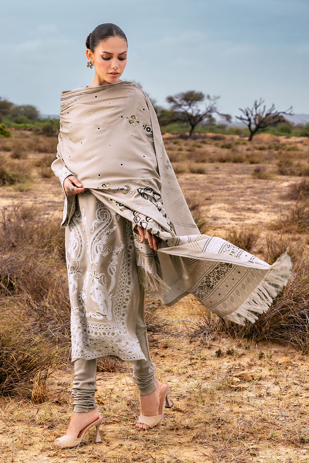 3 Piece Unstitched Embroidered Pashmina Suit with Gold and Lacquer Printed Shawl AP-52003
