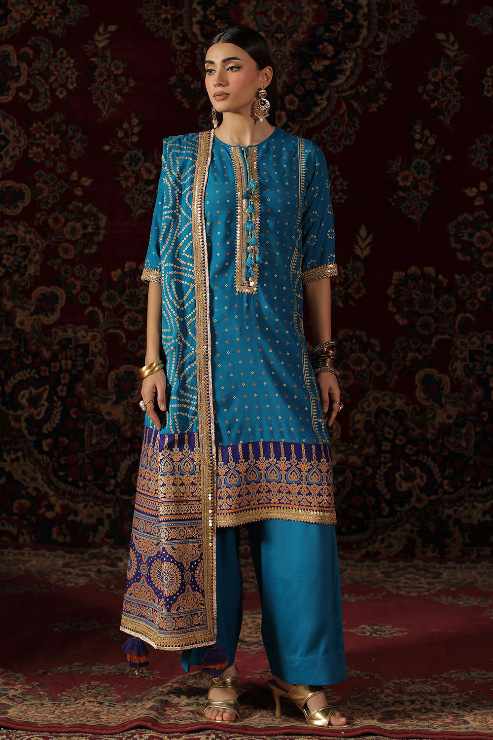 3 Piece Embroidered Raw Silk Suit