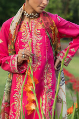 3 Piece Embroidered Raw Silk Suit with Embroidered Organza Borders and Printed Silk Dupatta