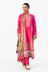 3 Piece Embroidered Raw Silk Suit with Embroidered Organza Borders and Printed Silk Dupatta