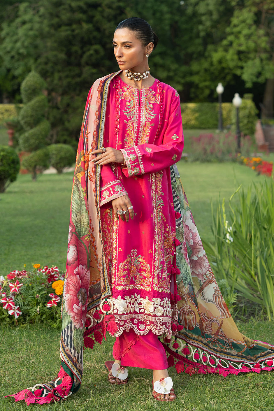 3 Piece Embroidered Raw Silk Suit with Embroidered Organza Borders and Printed Silk Dupatta