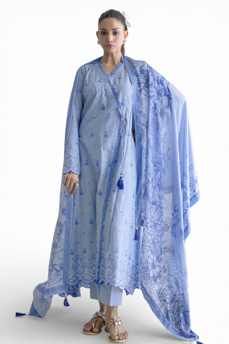 3 Piece Schiffli Embroidered Lawn Suit with Silk Dupatta