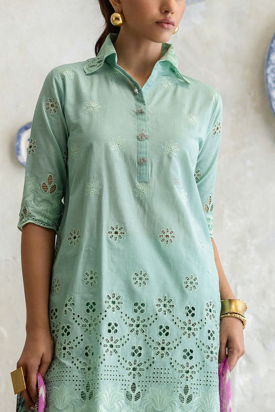 3 Piece Schiffli Embroidered Lawn Suit with Silk Dupatta