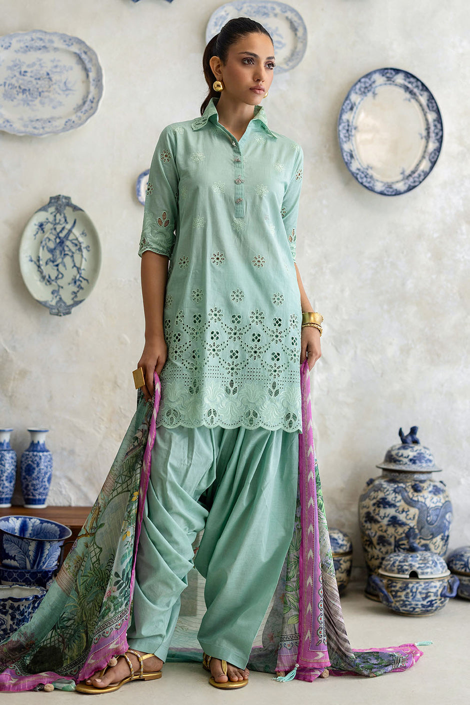 3 Piece Schiffli Embroidered Lawn Suit with Silk Dupatta