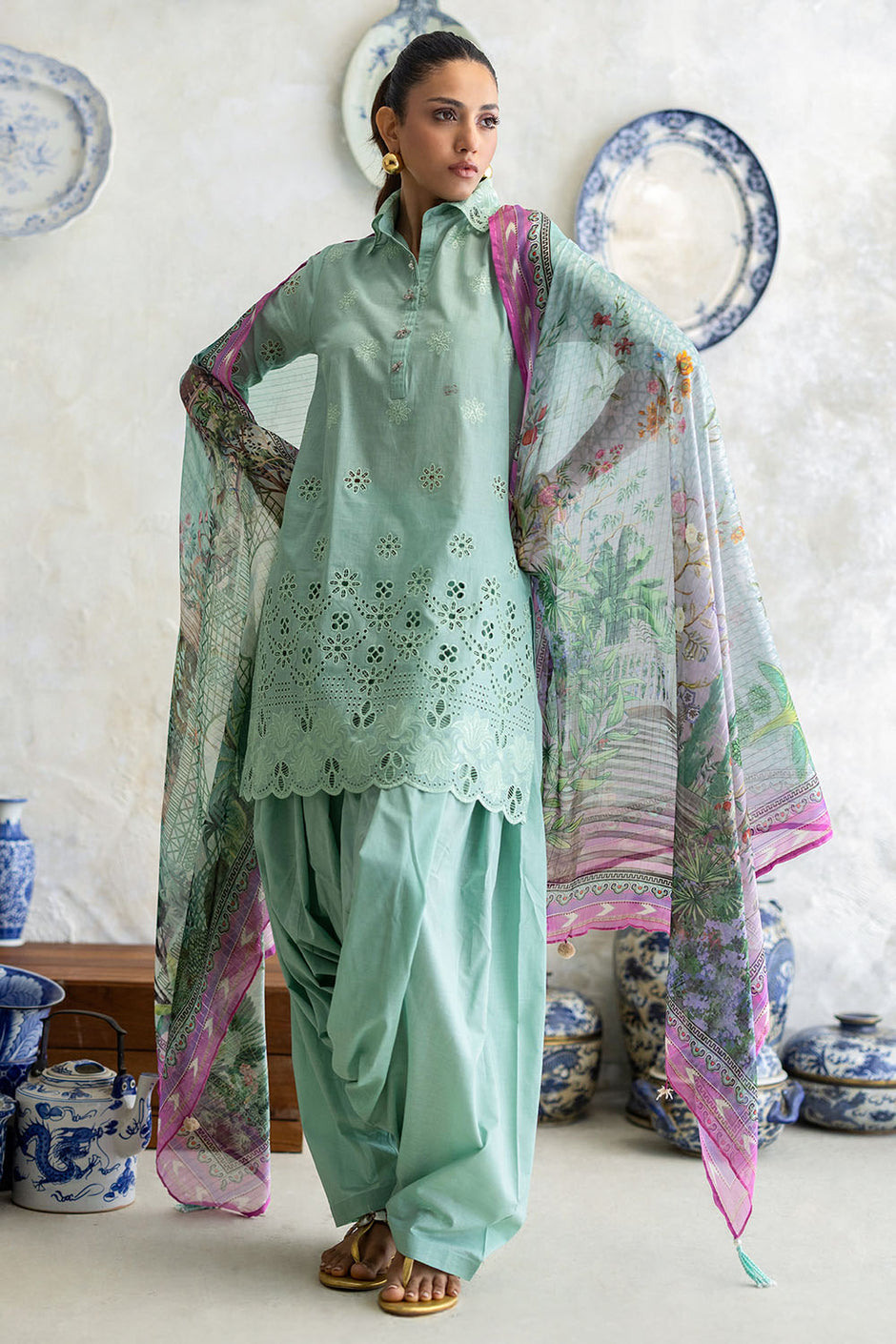 3 Piece Schiffli Embroidered Lawn Suit with Silk Dupatta