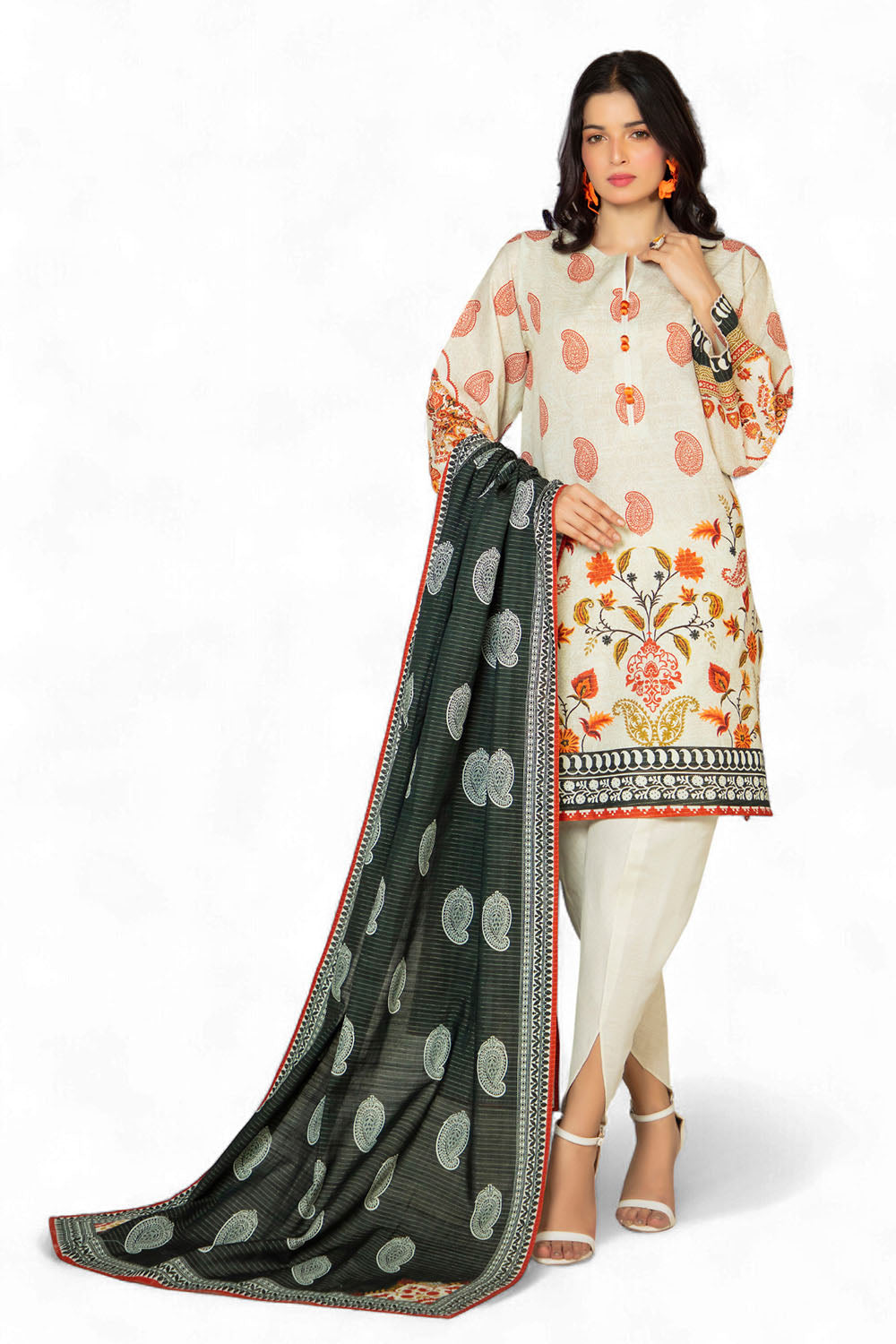 3 Piece Printed Stripe Khaddar Suit with Dupatta SD-52176