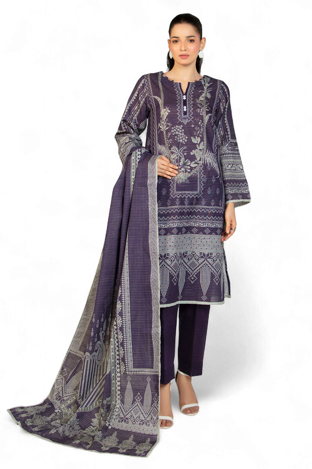 3 Piece Printed Stripe Khaddar Suit with Dupatta SD-52194