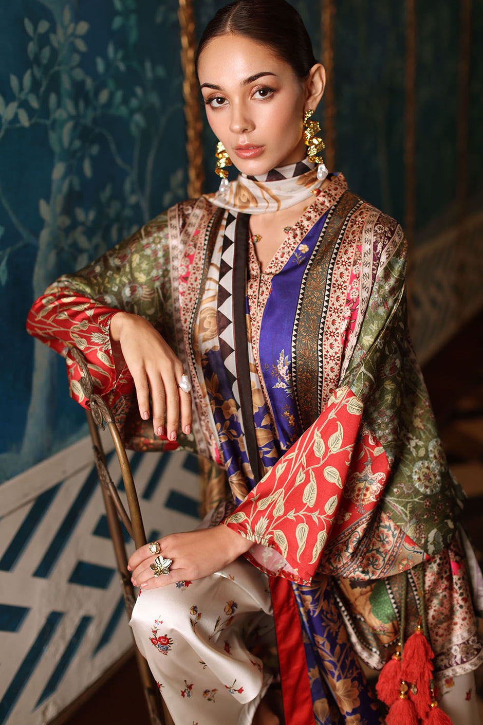 3 Piece Printed Charmeuse Silk Suit with Printed Tissue Silk Dupatta