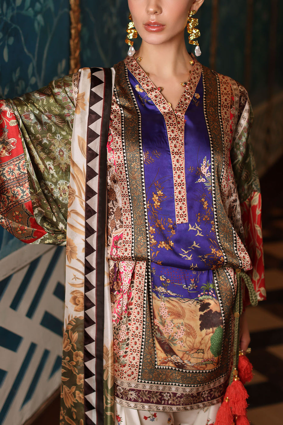 3 Piece Printed Charmeuse Silk Suit with Printed Tissue Silk Dupatta