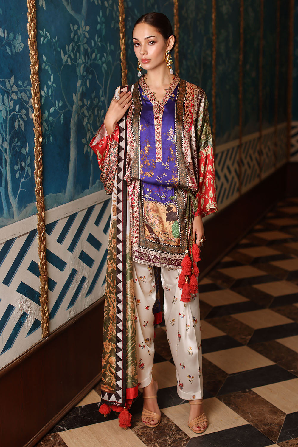 3 Piece Printed Charmeuse Silk Suit with Printed Tissue Silk Dupatta