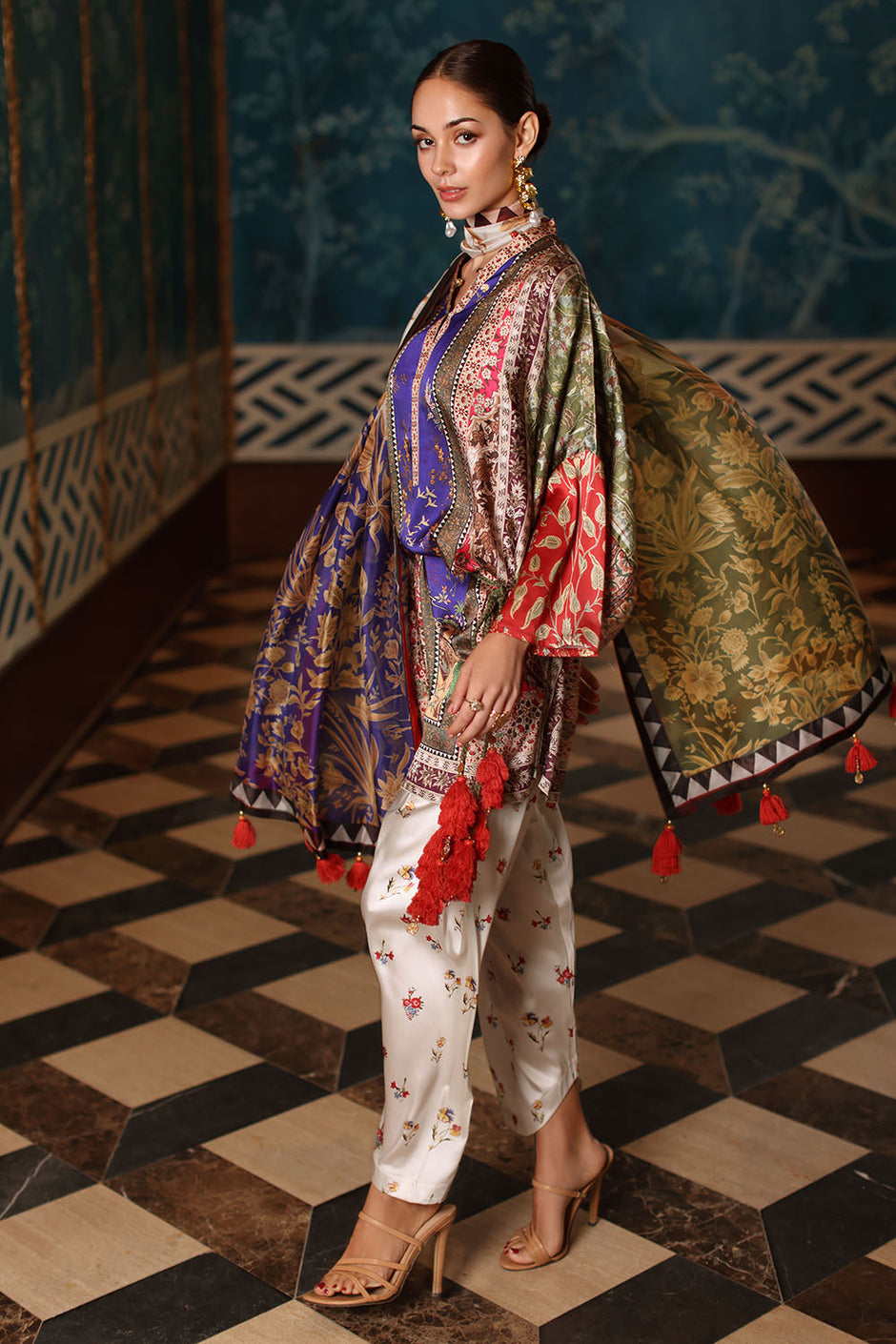 3 Piece Printed Charmeuse Silk Suit with Printed Tissue Silk Dupatta