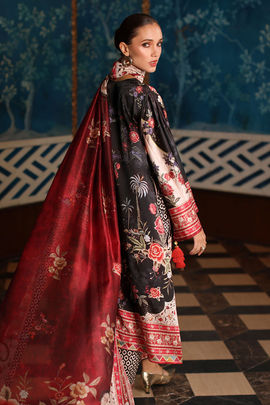 3 Piece Printed Charmeuse Silk Suit with Printed Tissue Silk Dupatta