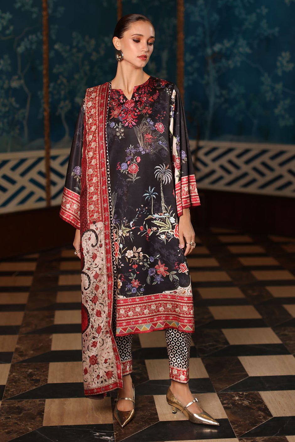 3 Piece Printed Charmeuse Silk Suit with Printed Tissue Silk Dupatta