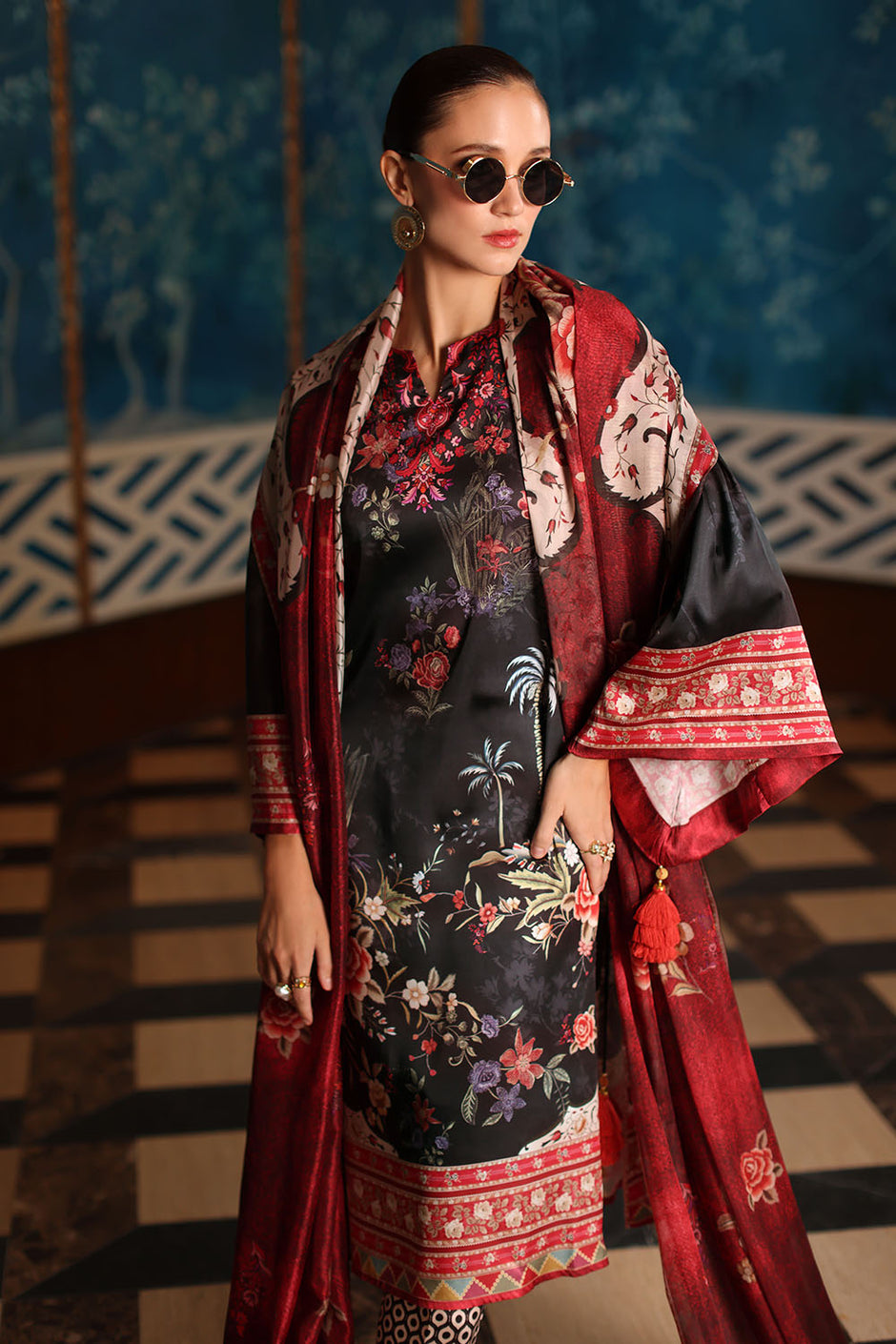 3 Piece Printed Charmeuse Silk Suit with Printed Tissue Silk Dupatta
