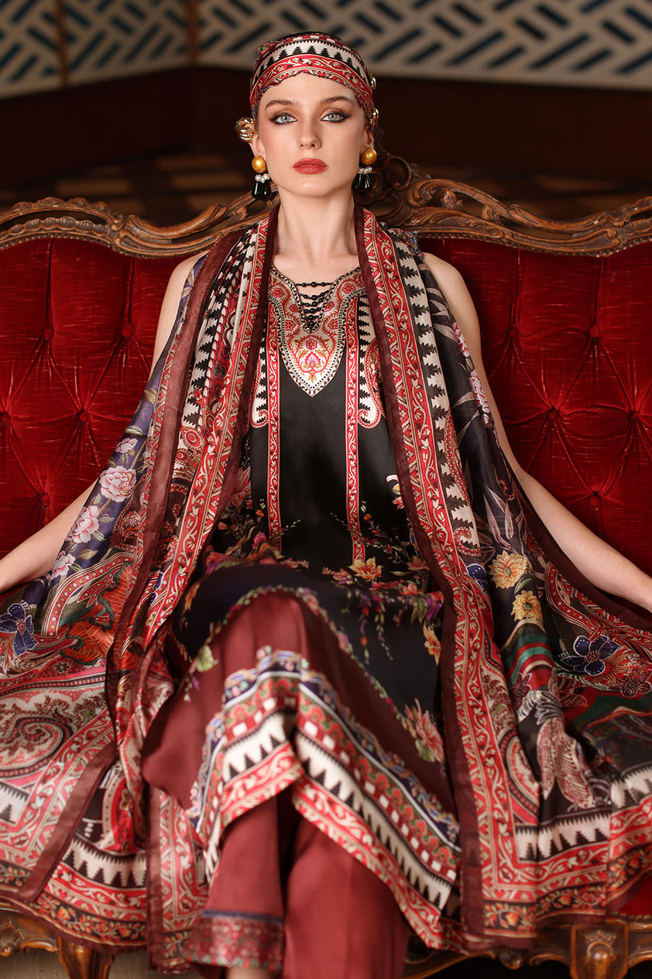 3 Piece Printed Charmeuse Silk Suit with Printed Tissue Silk Dupatta