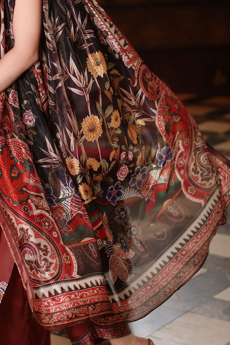 3 Piece Printed Charmeuse Silk Suit with Printed Tissue Silk Dupatta