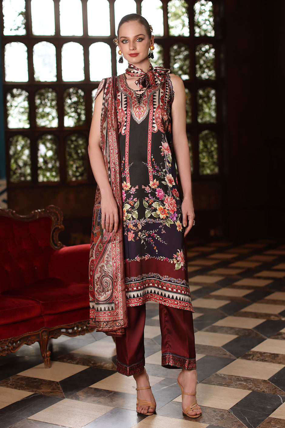3 Piece Printed Charmeuse Silk Suit with Printed Tissue Silk Dupatta